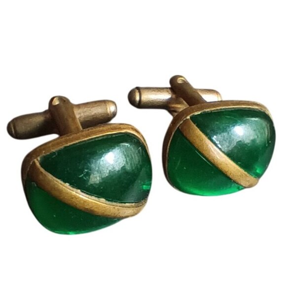 Vintage Gold-Tone & Green Glass Dome Cufflinks - Picture 1 of 4